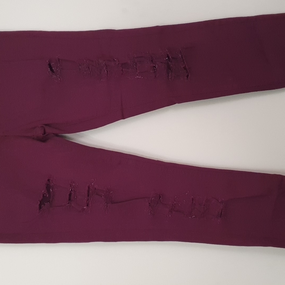 FRAME Midrise Distress Burgundy Funky Skinny Jeans - Picture 5 of 10